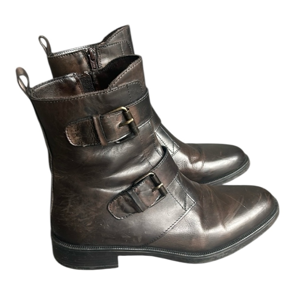 Emanuele Crasto Brown Leather Double Buckle Moto Boots Made in Italy Size EU 40